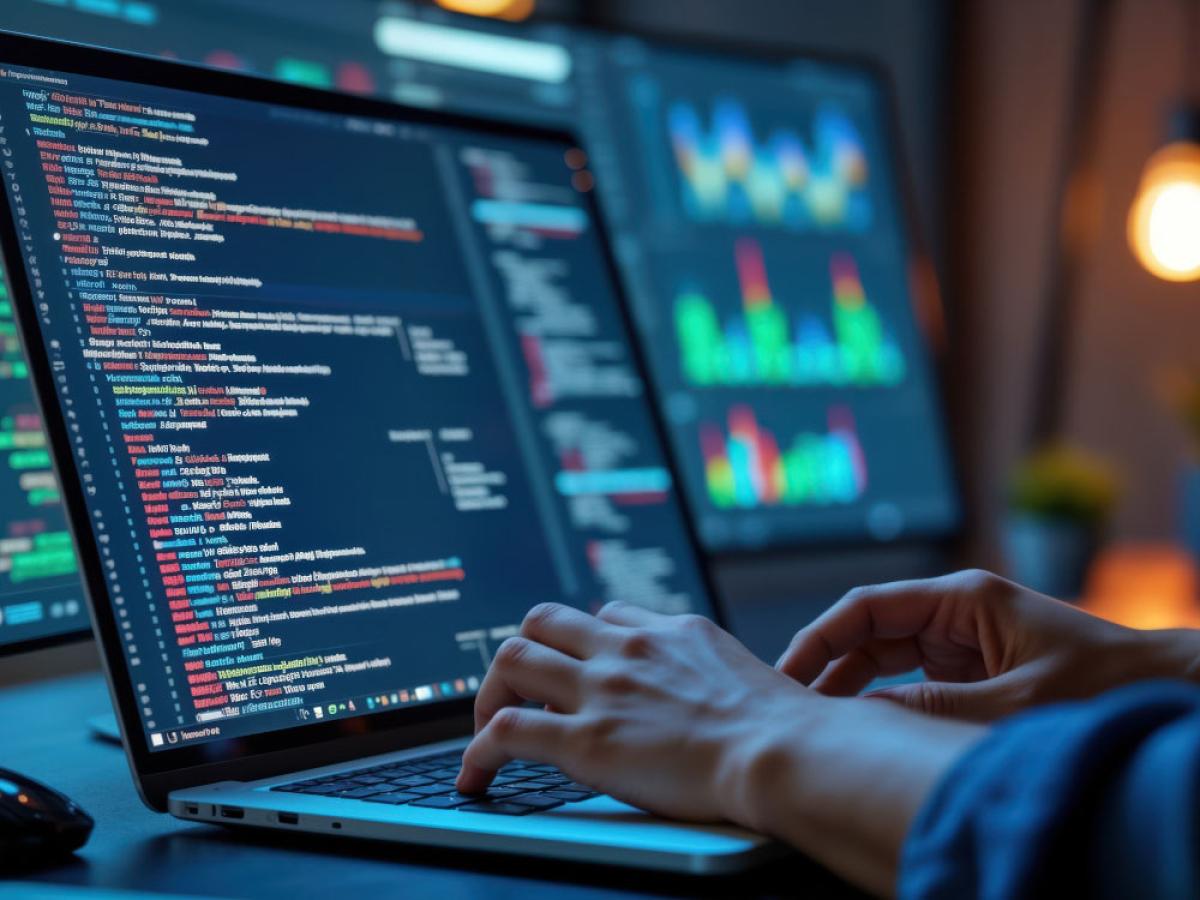 A person coding on a laptop with multiple monitors in the background