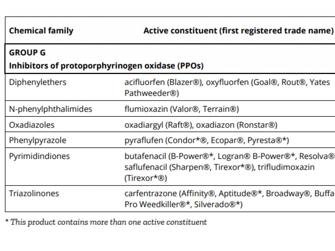 Table of mode of action group G herbicides