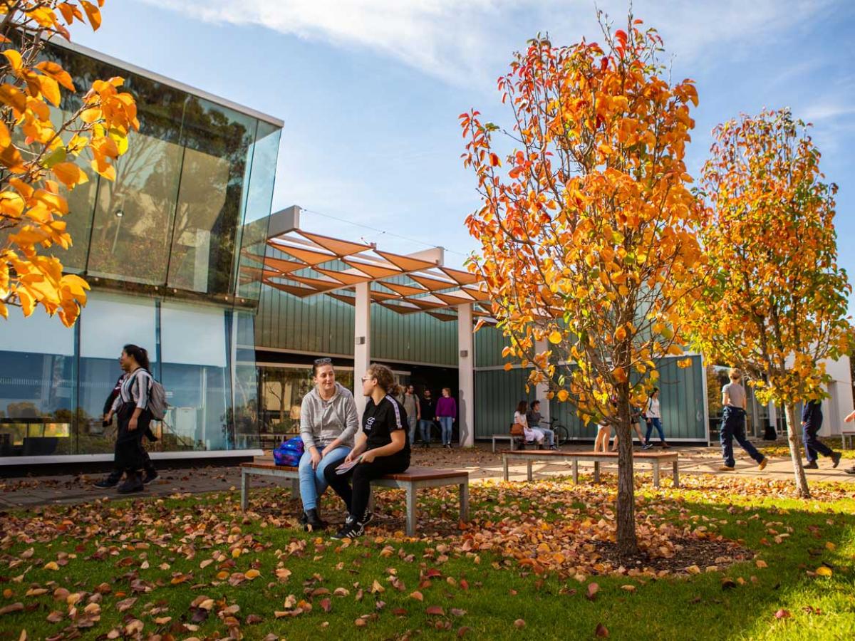 Autumn view of students on campus