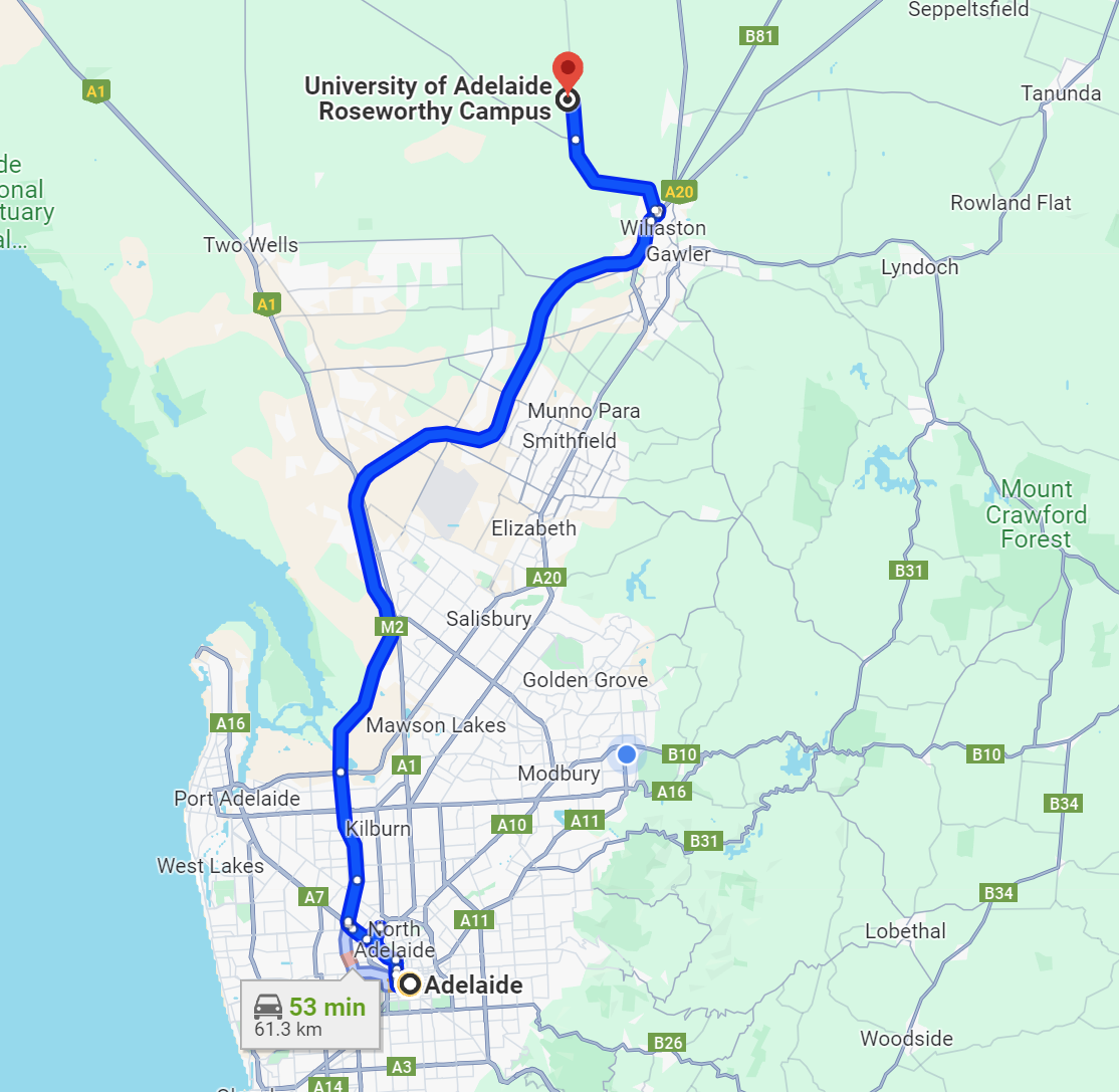 Map of the route from Adelaide to Roseworthy