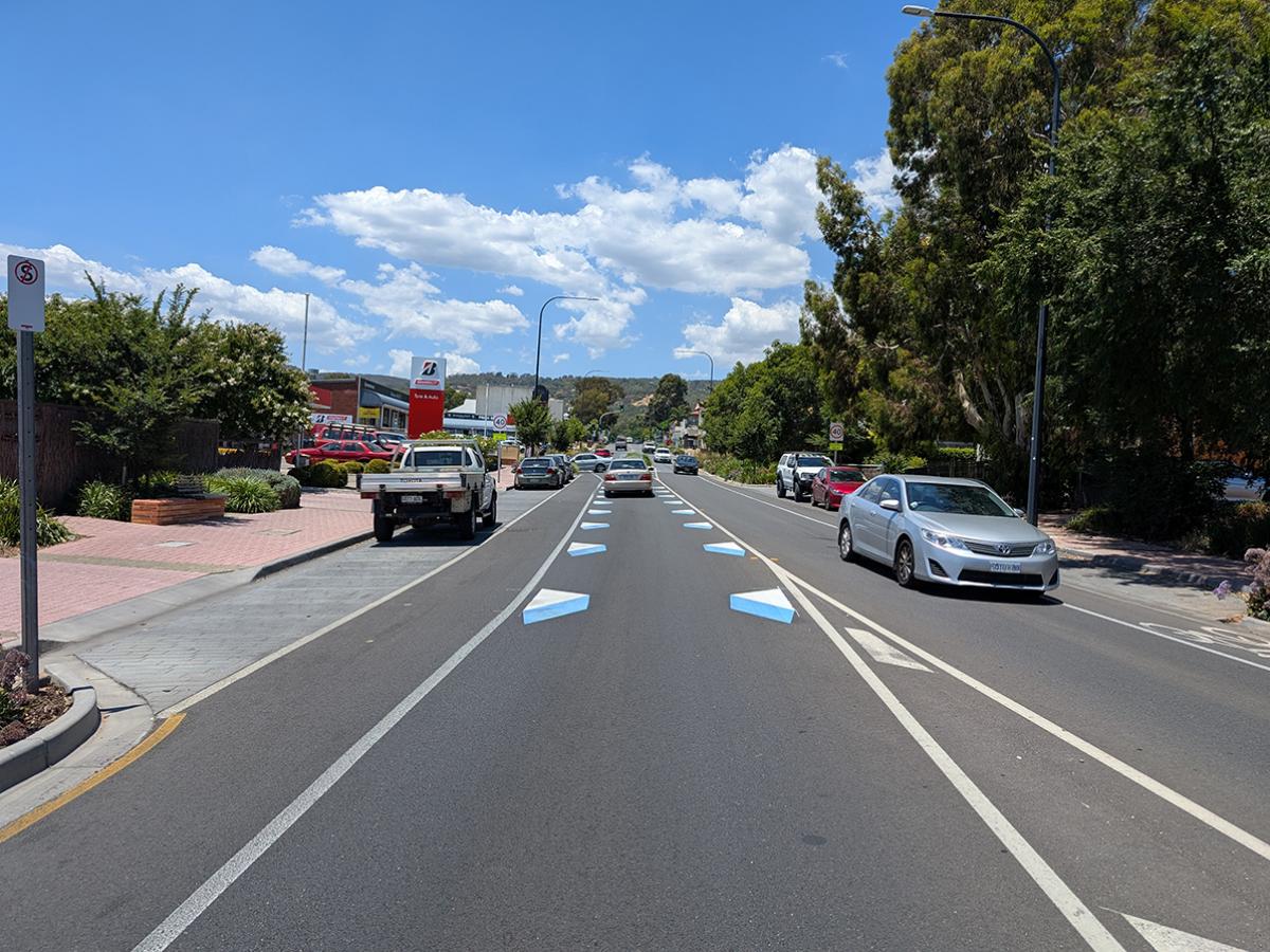 Image of 3D lane markings trial at Magill Road (looking like dragon teeth)
