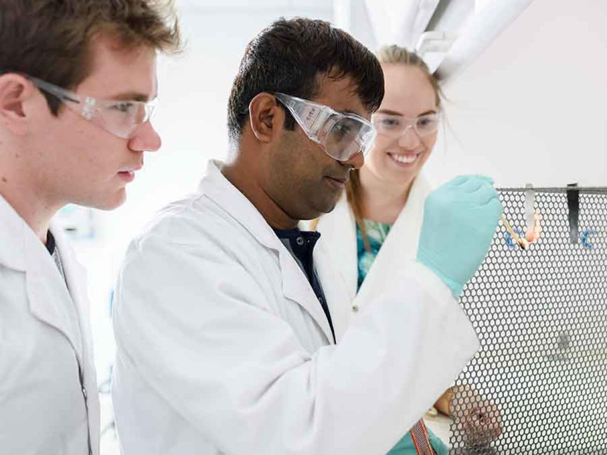 Chemical engineering test in a lab with 3 people