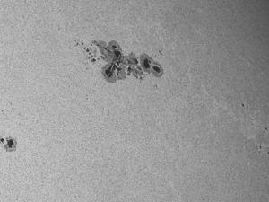 Sunspot regions AR 3011/3014/3017, May 23rd 2022. 100mm f/10 achromat, Baader 10nm continuum filter, ZWO ASI120MM camera.