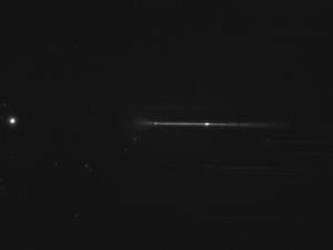 eta Carinae spectrum, transmission grating, Skywatcher 62ED, ZWO ASI120MM camera. Wavelength increases to the right. H-alpha and H-beta emission lines are prominent.