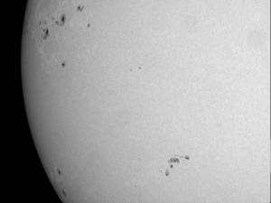 Solar active regions AR 3489-3494, November 21st, 2023 02:03UT. 102mm f/10 refractor, 10nm continuum filter, ZWO ASI120MM camera. Open in new tab to see full image.