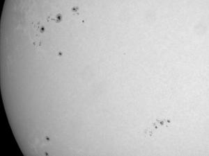 Solar active regions AR 3489-3494, November 22nd, 2023 02:38UT. 102mm f/10 refractor, 10nm continuum filter, ZWO ASI120MM camera. Open in new tab to see full image.