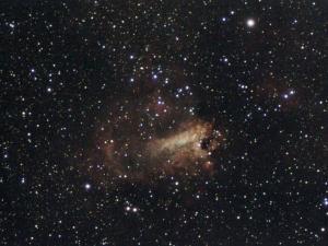Nebula M17, Skywatcher 62ED at f/5.6, 40x6-second frames, uncooled ZWO ASI178MC.