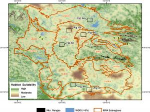 Habitat suitability model. Excavated rockshelter sites with long archaeological sequences (lime green) include: (1) Karnatukul (Serpent’s Glen), (2) Bushturkey-3, (3) Kaalpi, (4) Puntuntjarpa, (5) Parnkupirti, (6) Puritjarra, (7) Glen Thirsty, (8) Tjungkupu, and (9) Kulpi Mara.