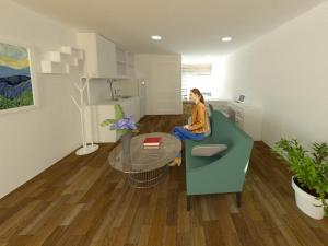 3d image of room with white walls, person sitting on couch, painting on wall