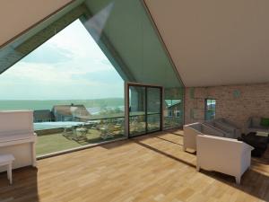 3D digital render of a house with big windows and view of the ocean