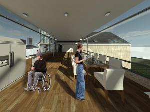 3D digital render of a house with big windows and view of the ocean