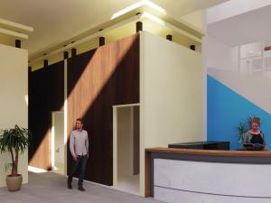 3d render of a reception with two people and light on the walls