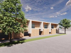3d render of a building with two trees 