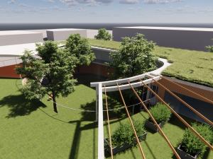 3d render of the top of a building. it is green and there are trees.
