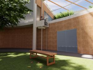 3d render of a building. it is shady, there is a wooden bench to sit on. a man in a wheelchair is using a small lift to come from the second floor to the ground.