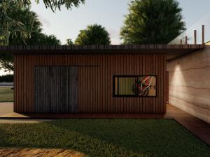 3d render of a bike shed with wood panelling
