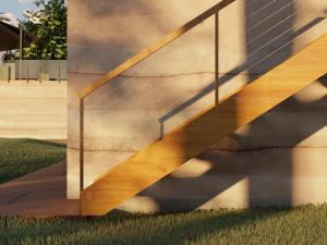 3d render of stairs outside made of wood with green grass