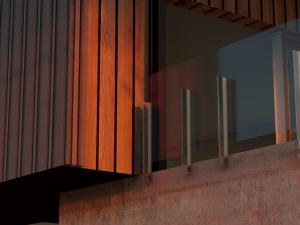 digital render of a building with wood panelling