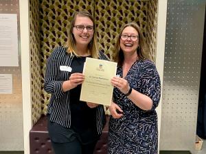 Dr Karissa Barthelson receives The Harold Woolhouse Prize from Professor Laura Parry, for the thesis entitled, ‘Investigating the effects of mutations causative for early-onset familial Alzheimer’s disease using zebrafish as a model organism’.