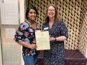 School of Agriculture, Food and Wine scientist Ruchira Ranaweera is awarded the K.P Barley Prize for Outstanding Academic Achievement in a postgraduate degree in agriculture or natural resource sciences, by Professor Laura Parry.