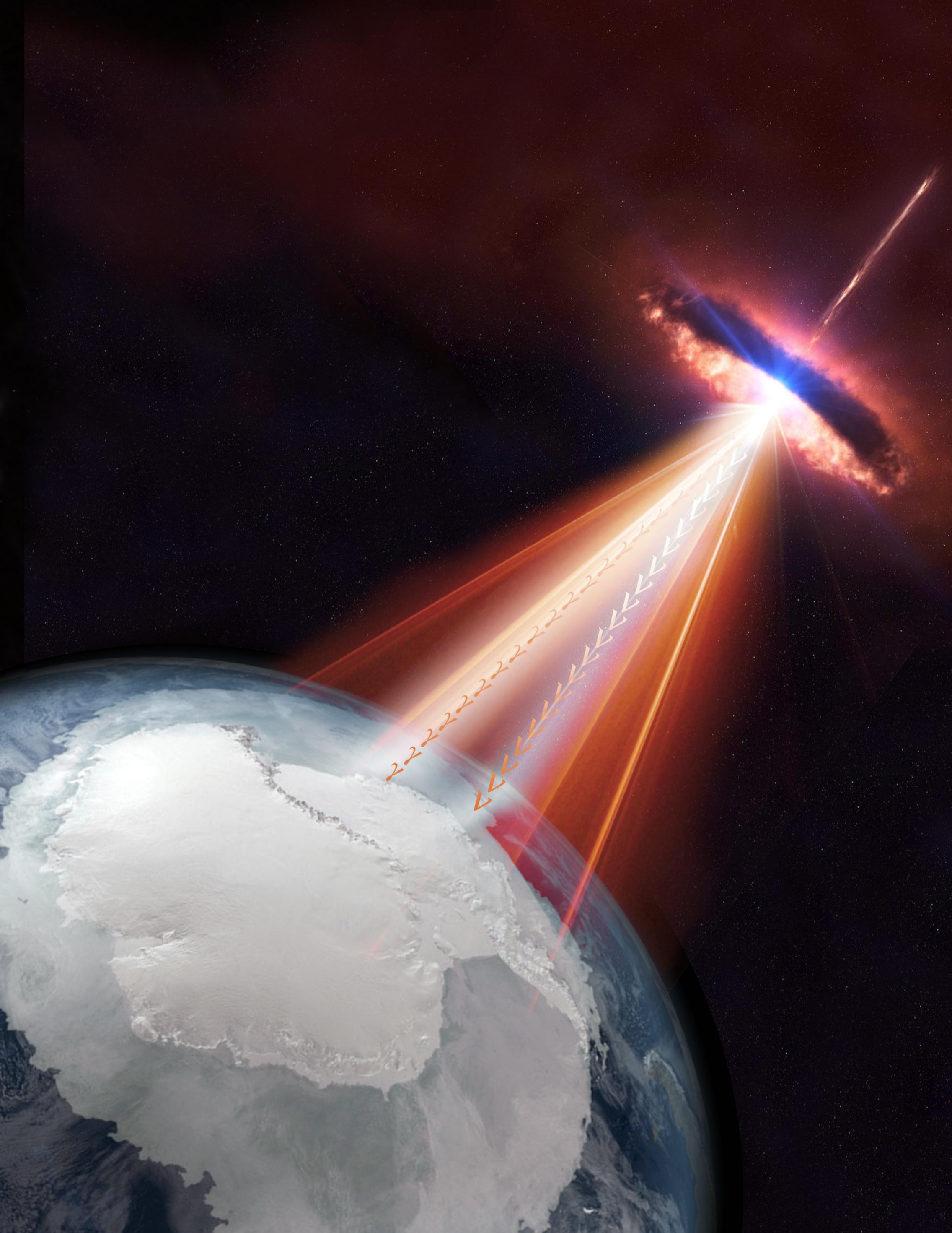 Blazars are a type of active galaxy with one of its jets pointing toward us. In this artistic rendering, a blazar emits both neutrinos and gamma rays that could be detected by the IceCube Neutrino Observatory as well as by other telescopes on Earth and in space. Credit: IceCube/NASA