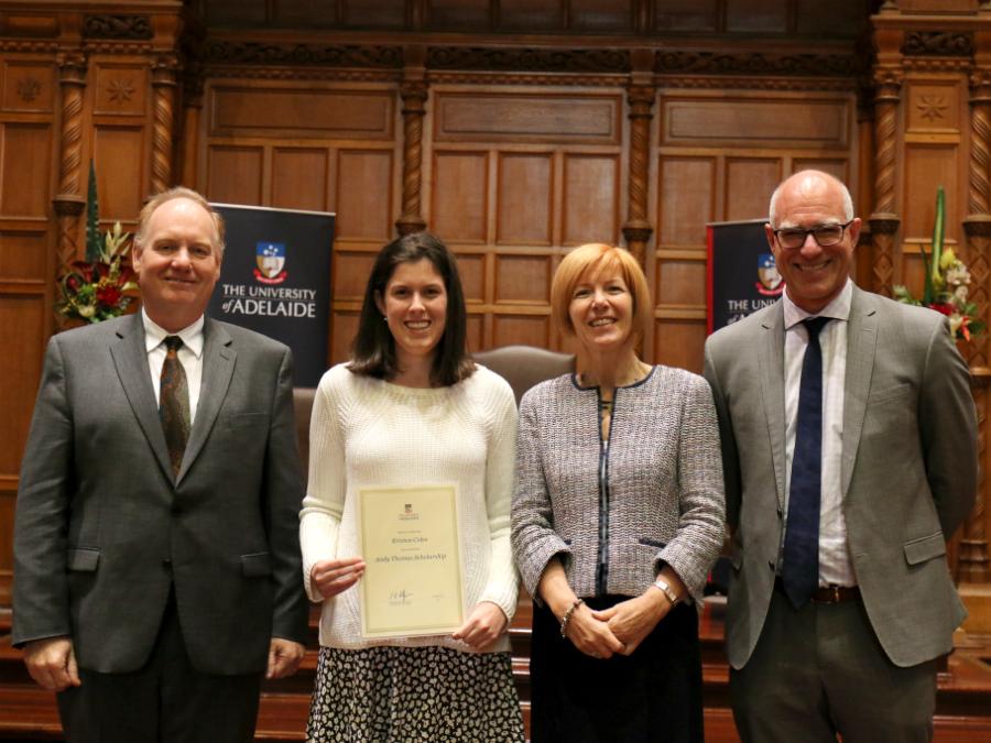 Professor Anton Middelberg, Executive Dean ECMS, Kristen Coles, Andy Thomas Scholarship recipient, Professor Pascale Quester, Deputy Vice-Chancellor, Professor Anthony Zander, Head of School of Mechanical Engineering