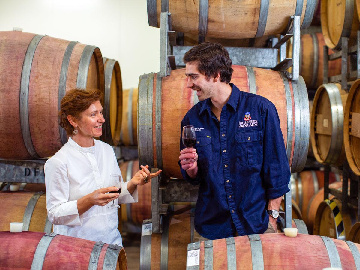 Researchers and students wine tasting at Waite campus