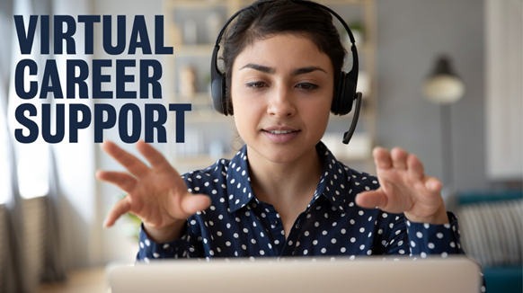 Text: Virtual career support. Woman with a headset sitting at a computer.