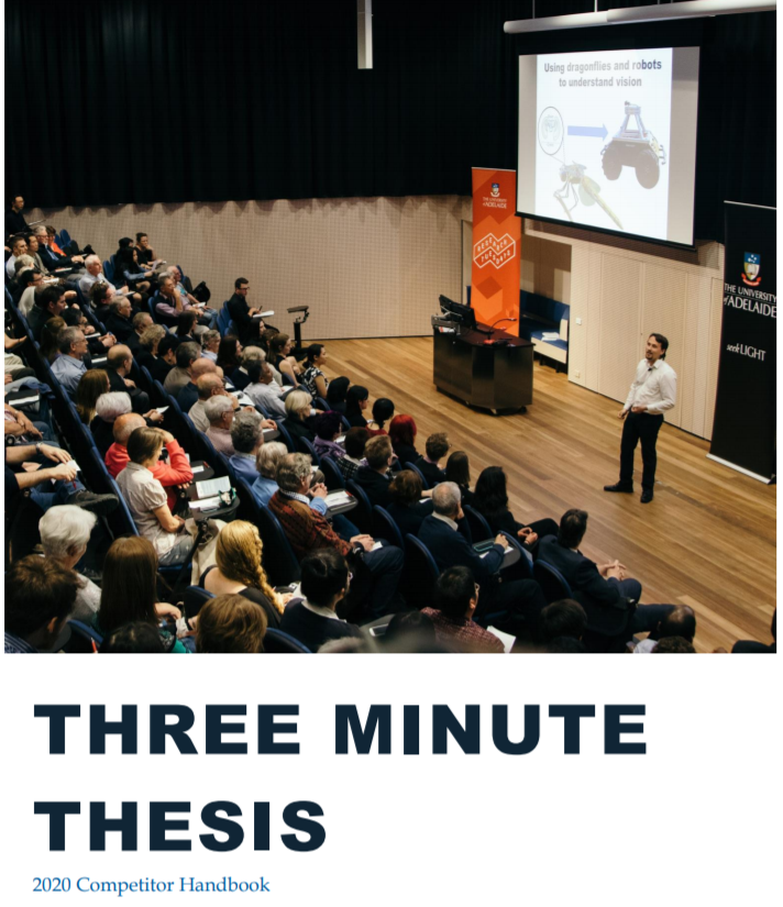 Front cover of the 3MT handbook, showing a student in front of a big crowd