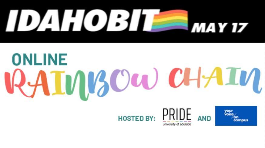 IDAHOBIT Rainbow chain: Says "IDAHOBIT May 17: Online rainbow chain. Hosted by PRIDE, university of adelaide and the University Union"