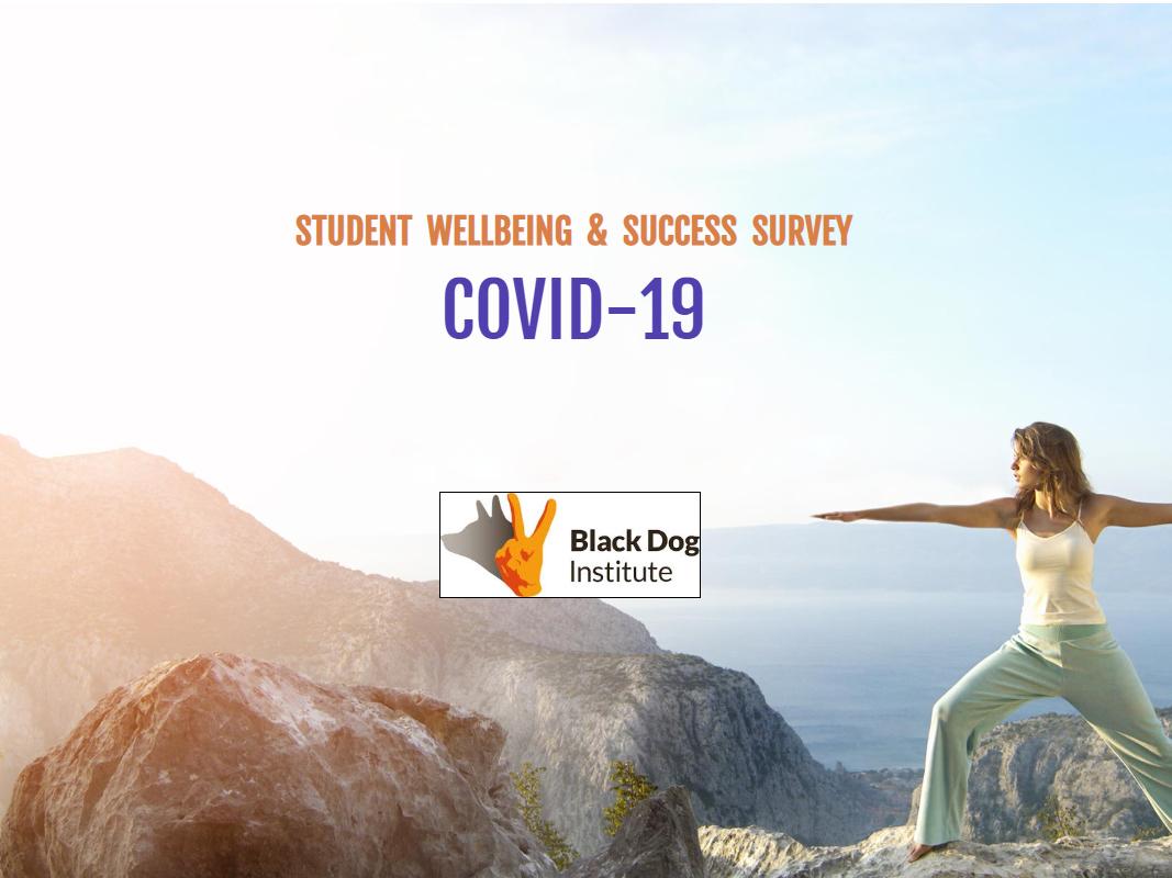 Student Wellbeing and Success Survey - COVID-19 by Black Dog Institute. Pictured is a woman in a yoga position on top of a large mountainscape.