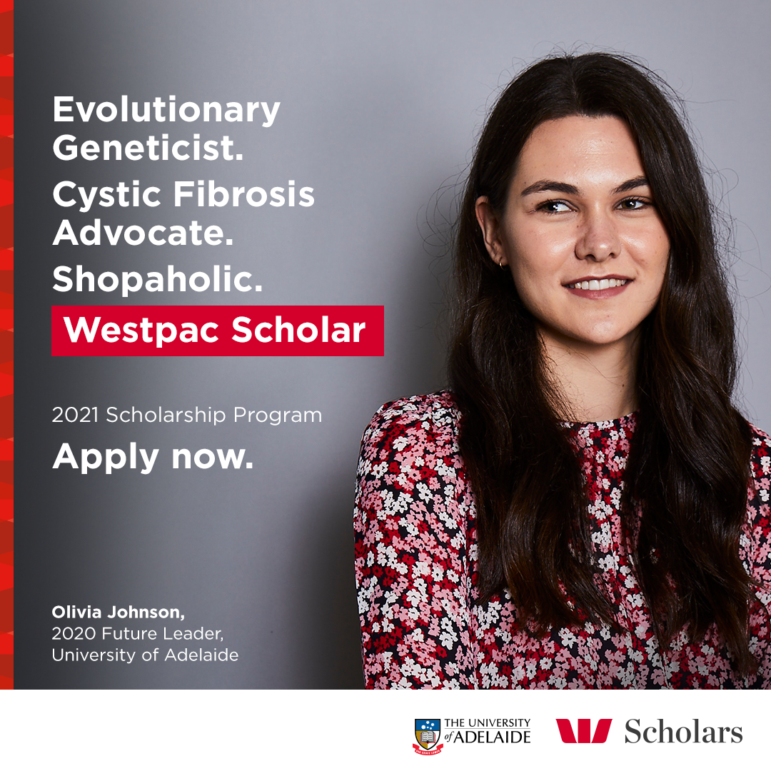 Evolutionary geneticist. Cystic Fibrosis advocate. Shopaholic. Westpac Scholar. Her name is Olivia. She has long brown hair and is wearing a pink floral top.