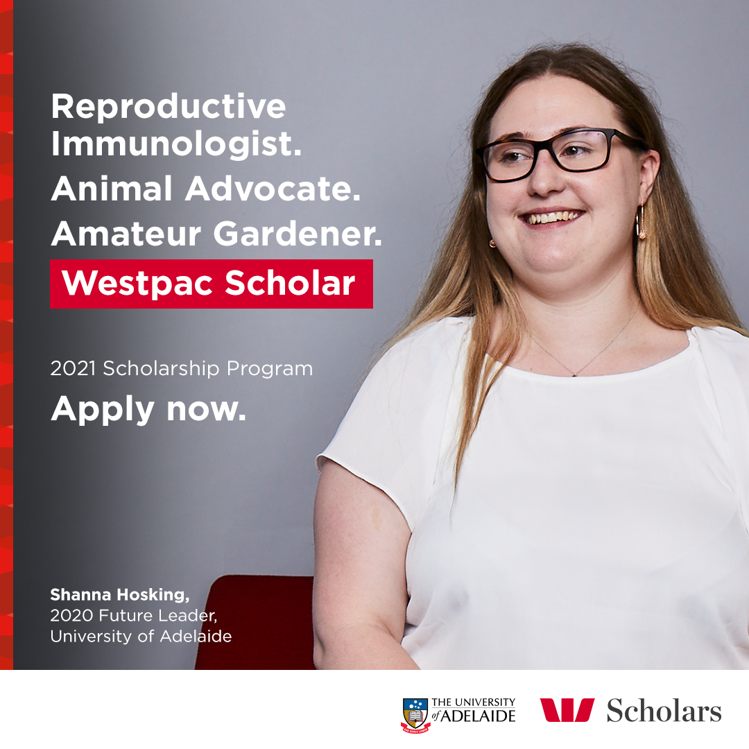 Says: Reproductive Immunologist. Animal Advocate. Amateur Gardener. Westpac Scholar. Pictures shows a lady with long blonde hair, glasses and a white shirt. Her name is Shanna.
