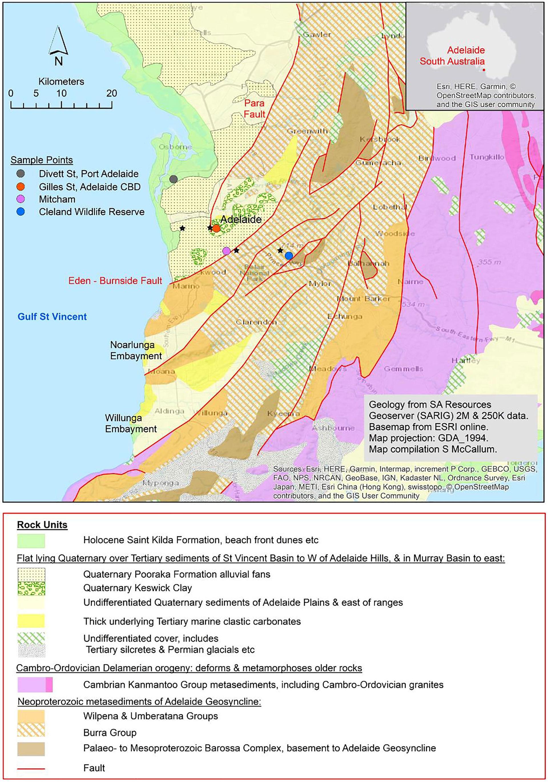 The geological formations relevant to this research and other formations with available strontium values. The four sample locations are shown as dots and the climate stations as black stars.