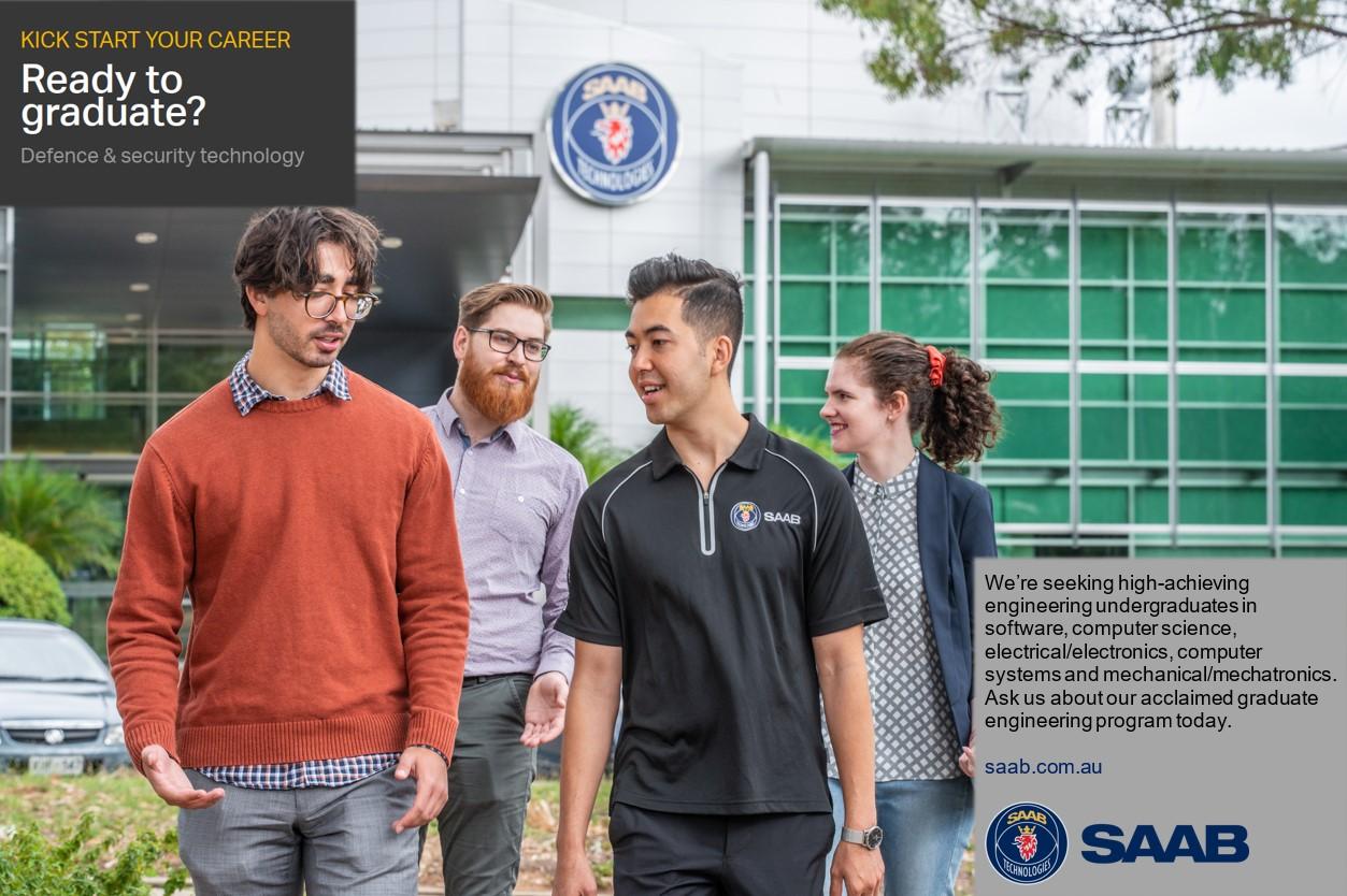 Four young people in front of a SAAB workspace, with text "Ready to graduate?"