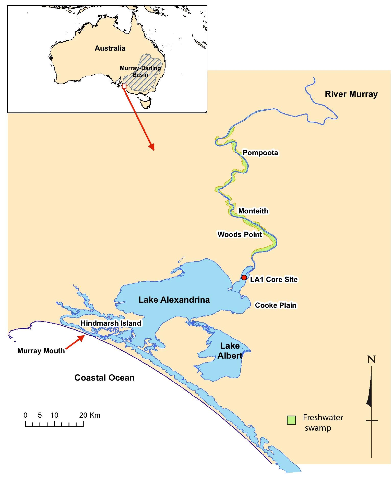 The lower River Murray and sites mentioned in the text. Monteith is the location of core and cone penetrometer research reported in Ref2