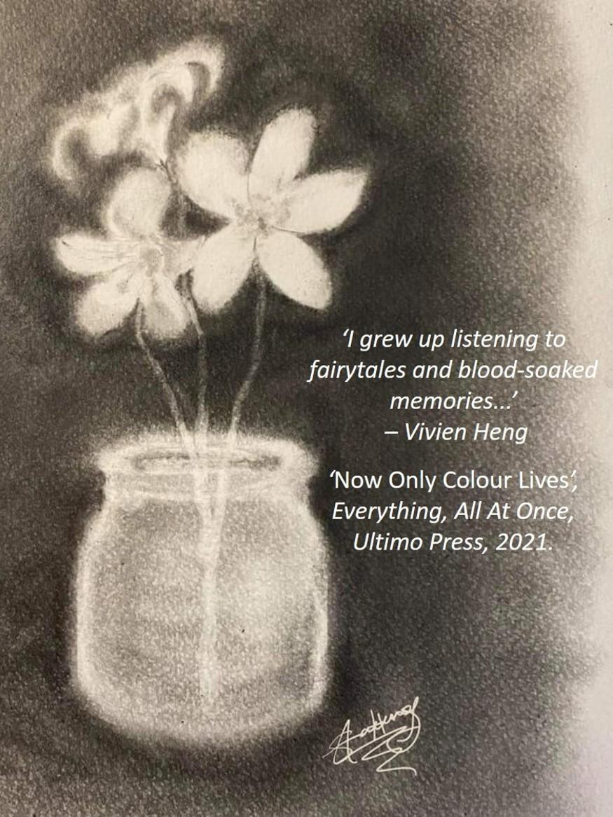 Sketch of three flowers in small vase, with words adjacent