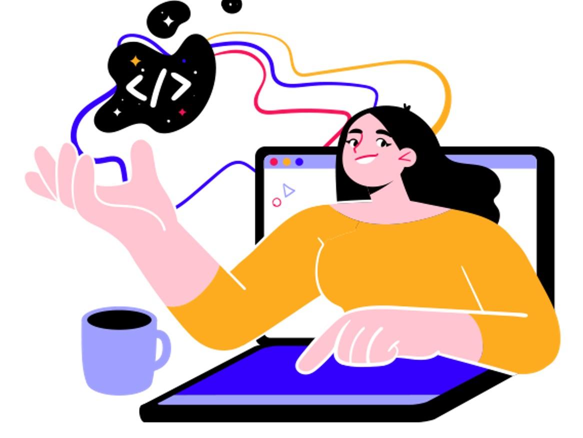 Cartoon graphic of lady at computer with coffee cup