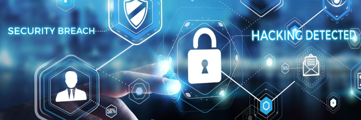 Text: Security breach, Hacking Detected. a hand hovers over a digital screen with padlocks and buttons