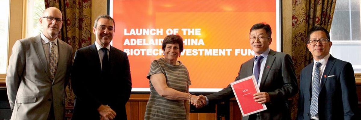Pictured at the launch of the Adelaide China Biotech Investment Fund (from left): Dr Stephen Rodda (University of Adelaide); South Australian Premier Steven Marshall; Dr Leanna Read (TekCyte Pty Ltd); Mr An LuFan (D&R Pharmaceuticals); Dr JC Tan (University of South Australia).