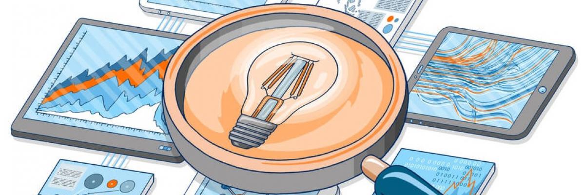 Compendex - cartoon of a magnifiying glass over computer tablets