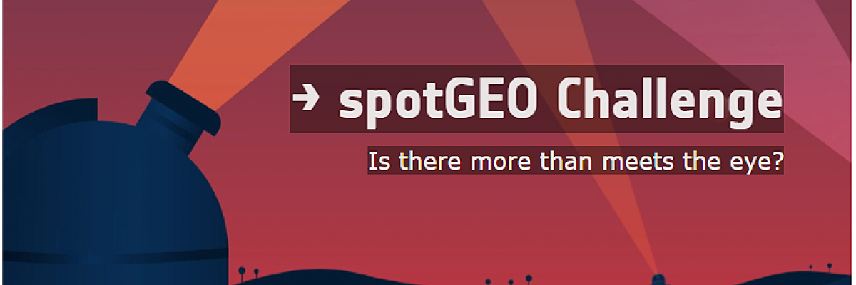 Text: spotGEO Challenge. Is there more than meets the eye? Background cartoon is giant telescopes looking to the sky