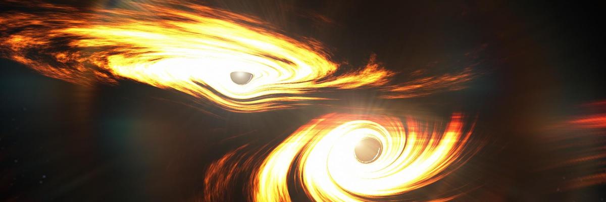 Artist's impression of binary black holes about to collide by Mark Myers, ARC Centre of Excellence for Gravitational Wave Discovery (OzGrav)