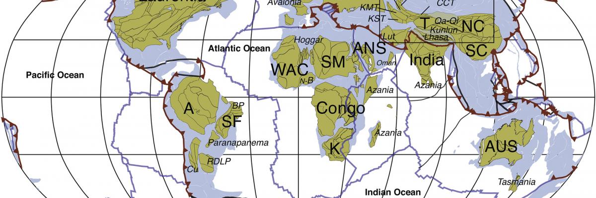Distribution of continental crust, ocean basins and plate boundaries in the plate model at 0 Ma (current day). Credit: Merdith et al. 2021 (Earth Science Reviews).