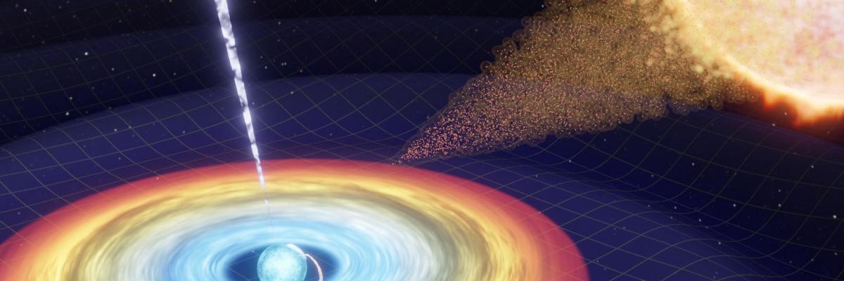 Artist’s impression of continuous gravitational waves generated by a spinning asymmetric neutron star. Image: Mark Myers, OzGrav-Swinburne University.