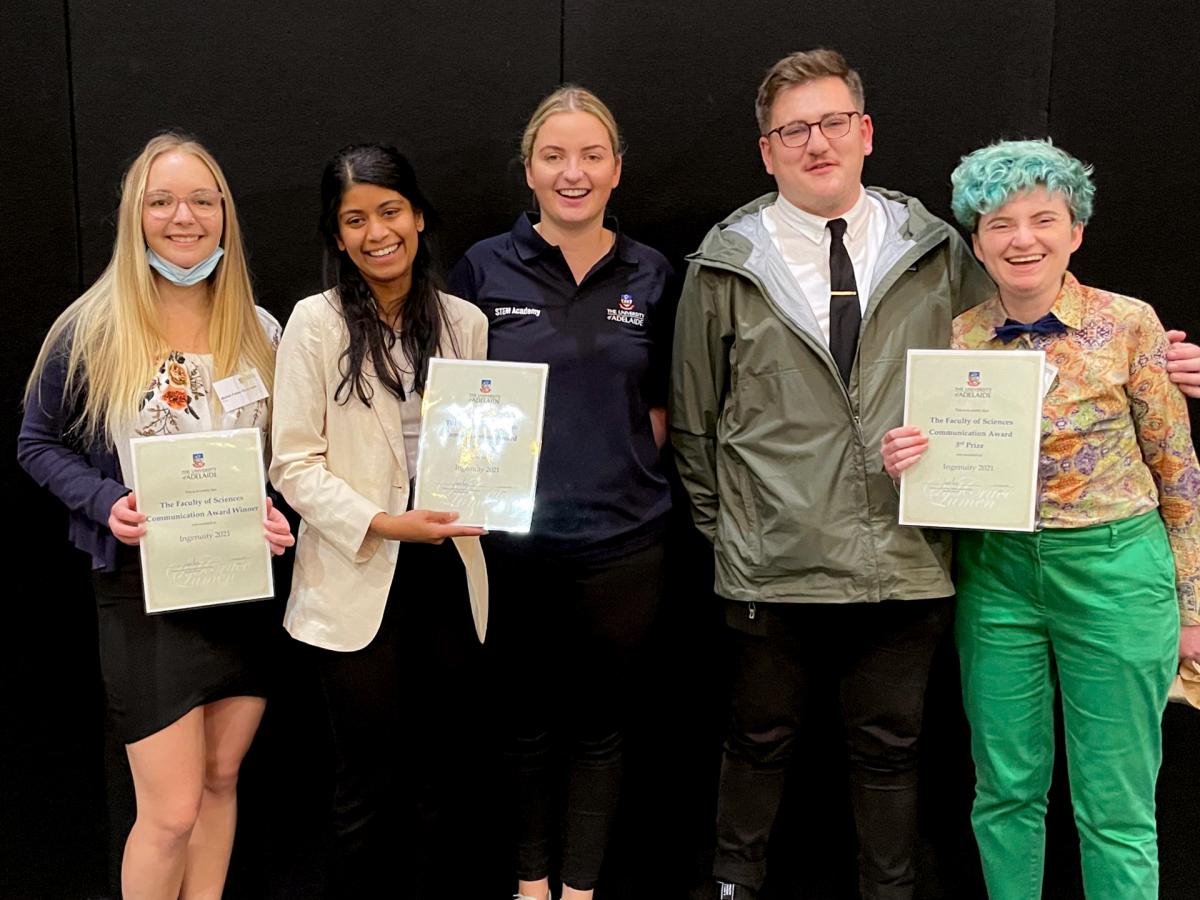 Faculty of Sciences Communication Award winners, from left, Mistrel Fetzer Boegheim (1st), Vinuri Silva and Sophie Dolling (2nd), equal third Chris Keneally and Julia Pilowsky.