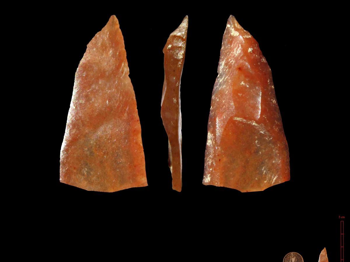 Grotte Mandrin Copyright Slimak. Nanopoint of the Modern Neronian technologies (about 20mm). 1 :1 scale and enlargement. Visual scale is 1 eurocent. Photo: Ludovic Slimak.