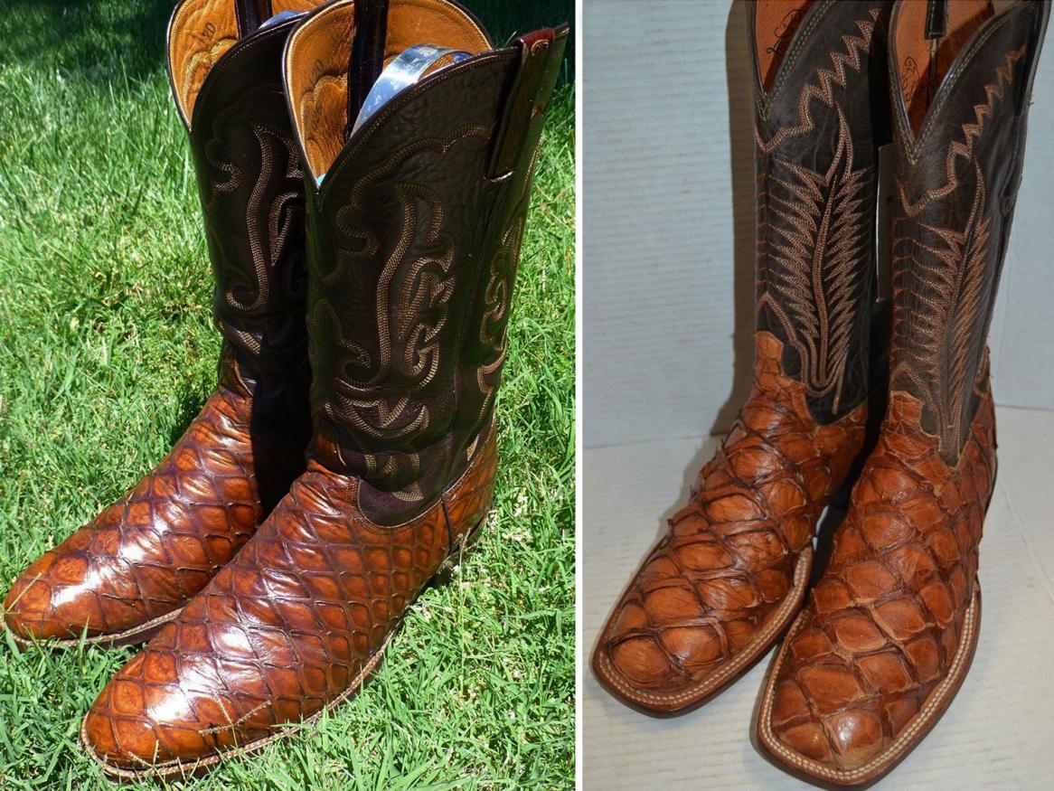 Of cowboys, fish, and pangolins: Example images of leather products advertised on the US eBay website.  The boots in (a) are made from pangolin skin and were advertised as pre‐owned “classic anteater boots” of the brand “Lucchese,” valued at US$1,500 as a starting price and available for international shipping.  The boots in (b) are also Lucchese boots, but made from arapaima skin. These boots were advertised as “New with defects,” valued at US$415.65 as a starting price and also available for international