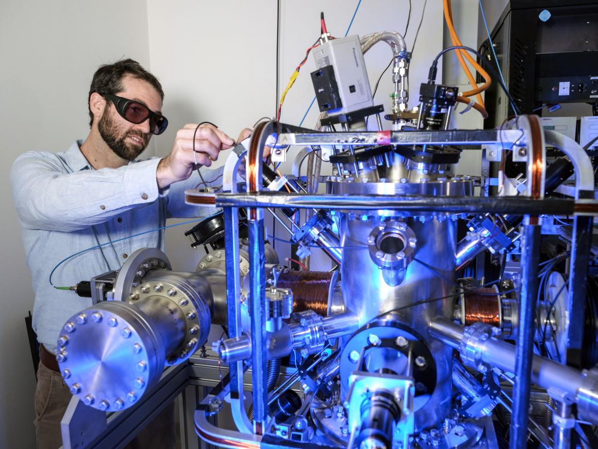 Researcher Dr Rohan Glover, with the Atom Trap Trace Analysis (ATTA) facility at The University of Adelaide