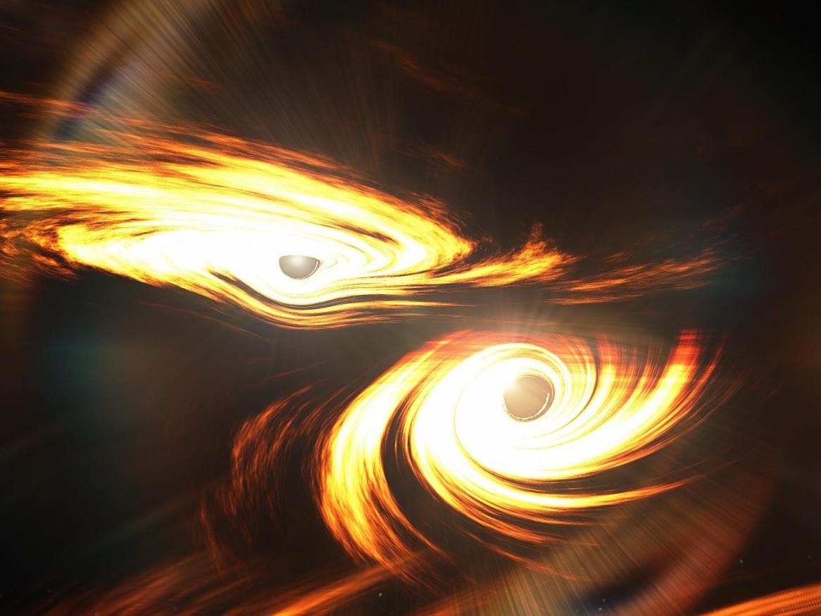 Artist's impression of binary black holes about to collide by Mark Myers, ARC Centre of Excellence for Gravitational Wave Discovery (OzGrav)